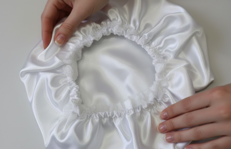 Uma touca de cetim branca brilhante pousada sobre uma superfície clara, sendo segurada por duas mãos femininas que demonstram a elasticidade e a textura suave do tecido.