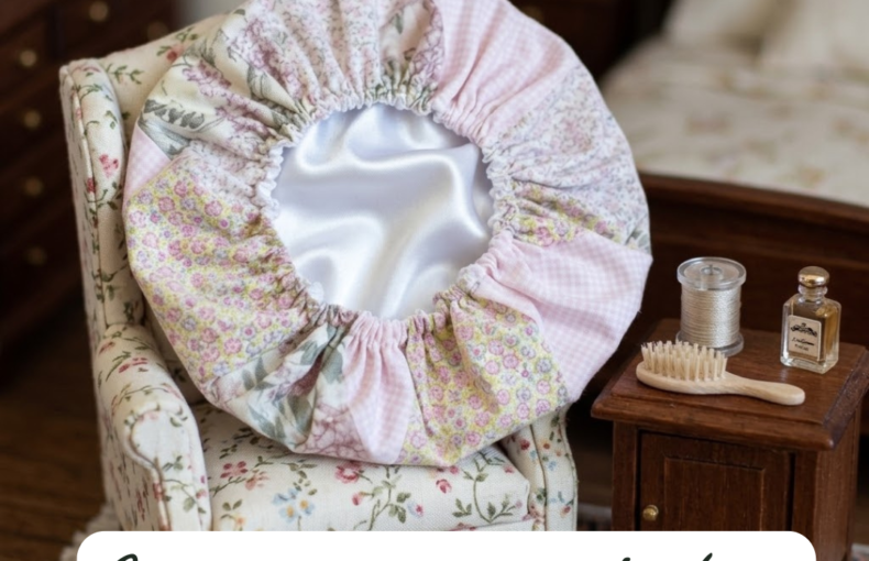 Uma touca de cetim com padrão floral e interior branco, pousada numa poltrona de miniatura, ao lado de uma mesa de cabeceira com uma escova de cabelo e um frasco de óleo. No fundo, lê-se a pergunta: "Como manter os caracóis (ou o alisamento) perfeitos por mais dias?".