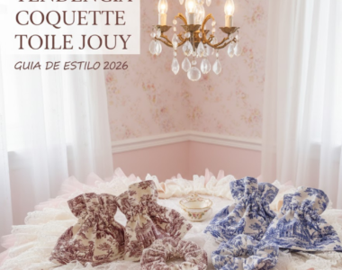 Conjunto de gola e punhos Tendência Coquette Toile Jouy em tons de azul e bordeaux com scrunchie
