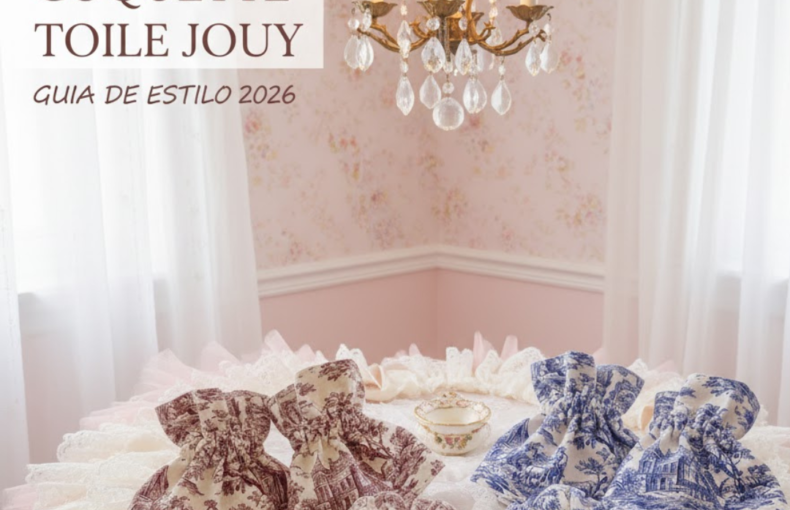 Conjunto de gola e punhos Tendência Coquette Toile Jouy em tons de azul e bordeaux com scrunchie