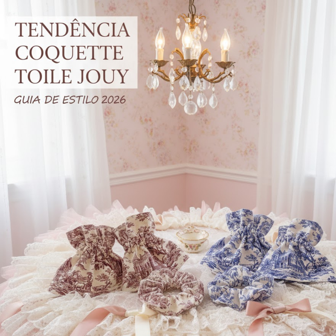 Conjunto de gola e punhos Tendência Coquette Toile Jouy em tons de azul e bordeaux com scrunchie
