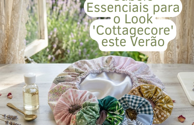 Uma mesa de madeira rústica junto a uma janela aberta com vista para um jardim. Sobre a mesa, encontram-se vários acessórios de cabelo em tons pastel e padrões florais: uma touca de cetim e cinco scrunchies coloridos. Ao lado, um pente de madeira, um frasco de óleo capilar e pétalas secas de lavanda espalhadas.