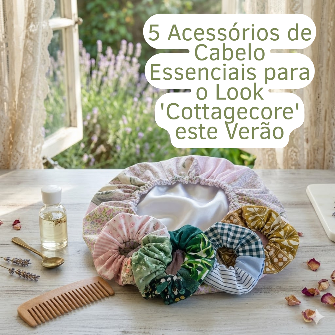Uma mesa de madeira rústica junto a uma janela aberta com vista para um jardim. Sobre a mesa, encontram-se vários acessórios de cabelo em tons pastel e padrões florais: uma touca de cetim e cinco scrunchies coloridos. Ao lado, um pente de madeira, um frasco de óleo capilar e pétalas secas de lavanda espalhadas.