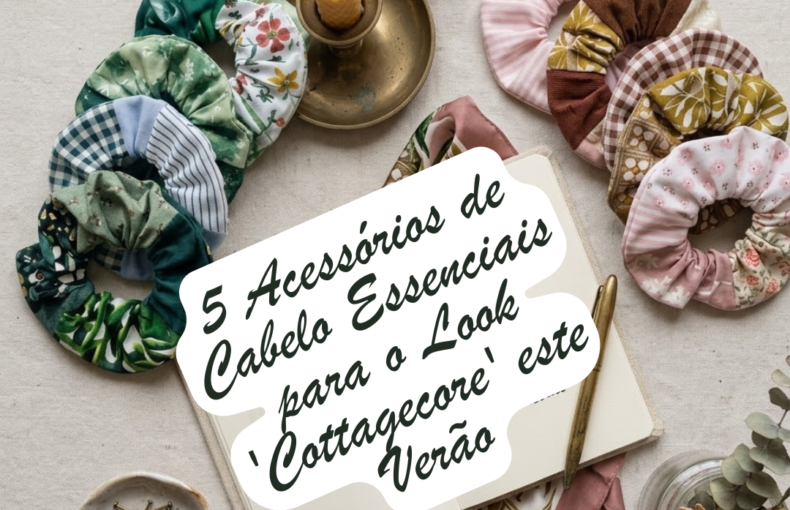 Conjunto de scrunchies artesanais em tecidos de tons terra, verdes floresta e padrões botânicos dispostos em fundo branco.