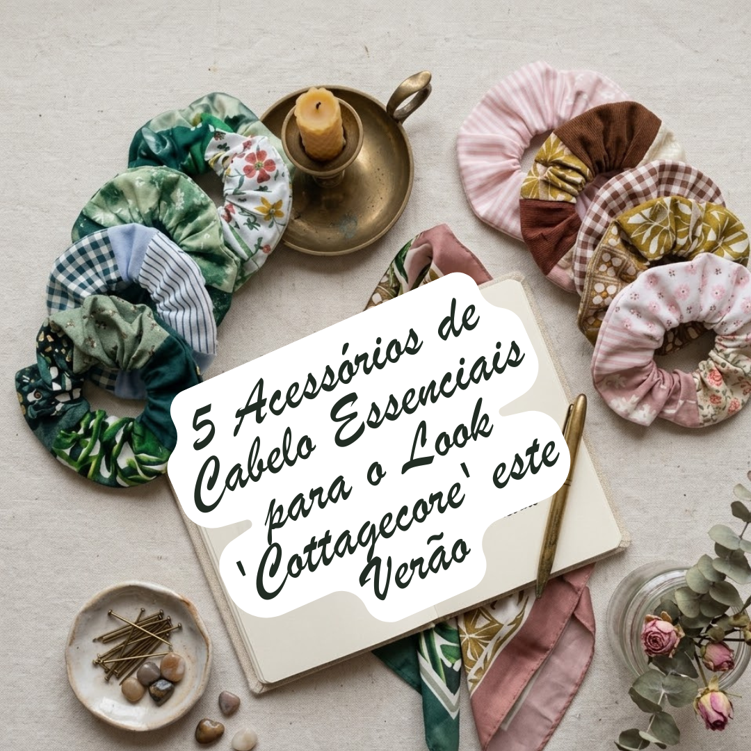 Conjunto de scrunchies artesanais em tecidos de tons terra, verdes floresta e padrões botânicos dispostos em fundo branco.