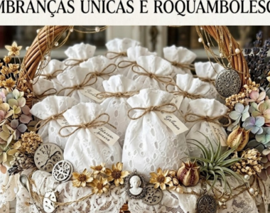 Uma fotografia de estilo "flat lay" e "still life", com um aspeto artesanal e "vintage", que mostra um cesto de vime repleto de pequenas saquetas de lembranças para festas. O cesto tem uma asa de vime decorada com pérolas e correntes douradas, além de uma borboleta de metal e uma camafeu. Está cheio de saquetas de pano brancas, com um padrão de renda "eyelet" (bordado inglês), atadas com fio de juta e pequenas etiquetas de identificação com nomes caligrafados à mão. O cesto está decorado com flores secas em tons pastel, incluindo hortênsias e lavanda, bem como plantas aéreas. Em redor do cesto, sobre uma superfície de madeira envelhecida, há duas saquetas adicionais, flores secas espalhadas, pequenas colheres de metal, uma fotografia antiga a preto e branco e outros pequenos objetos decorativos. A imagem transmite uma sensação de elegância rústica, cuidado nos detalhes e nostalgia.