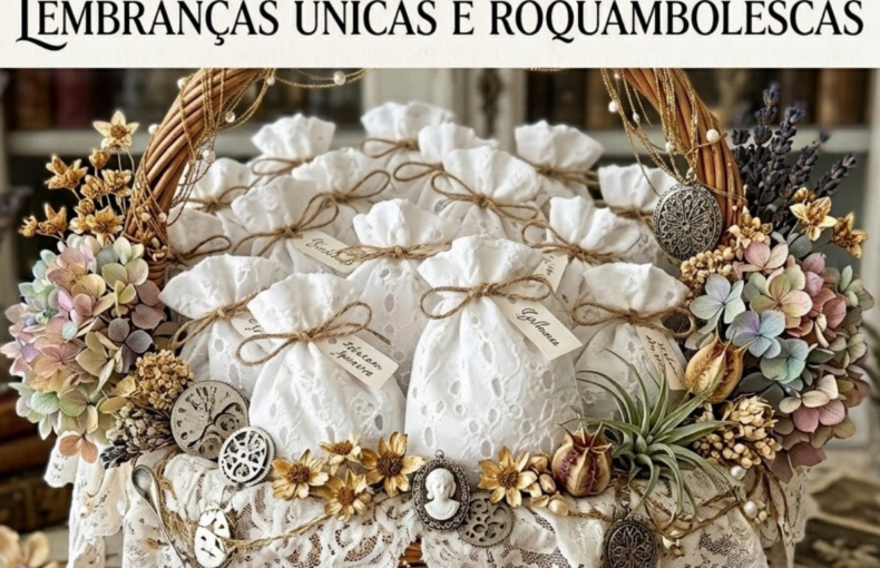 Uma fotografia de estilo "flat lay" e "still life", com um aspeto artesanal e "vintage", que mostra um cesto de vime repleto de pequenas saquetas de lembranças para festas. O cesto tem uma asa de vime decorada com pérolas e correntes douradas, além de uma borboleta de metal e uma camafeu. Está cheio de saquetas de pano brancas, com um padrão de renda "eyelet" (bordado inglês), atadas com fio de juta e pequenas etiquetas de identificação com nomes caligrafados à mão. O cesto está decorado com flores secas em tons pastel, incluindo hortênsias e lavanda, bem como plantas aéreas. Em redor do cesto, sobre uma superfície de madeira envelhecida, há duas saquetas adicionais, flores secas espalhadas, pequenas colheres de metal, uma fotografia antiga a preto e branco e outros pequenos objetos decorativos. A imagem transmite uma sensação de elegância rústica, cuidado nos detalhes e nostalgia.