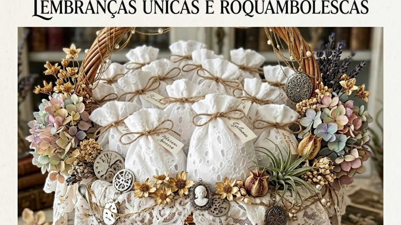 Uma fotografia de estilo "flat lay" e "still life", com um aspeto artesanal e "vintage", que mostra um cesto de vime repleto de pequenas saquetas de lembranças para festas. O cesto tem uma asa de vime decorada com pérolas e correntes douradas, além de uma borboleta de metal e uma camafeu. Está cheio de saquetas de pano brancas, com um padrão de renda "eyelet" (bordado inglês), atadas com fio de juta e pequenas etiquetas de identificação com nomes caligrafados à mão. O cesto está decorado com flores secas em tons pastel, incluindo hortênsias e lavanda, bem como plantas aéreas. Em redor do cesto, sobre uma superfície de madeira envelhecida, há duas saquetas adicionais, flores secas espalhadas, pequenas colheres de metal, uma fotografia antiga a preto e branco e outros pequenos objetos decorativos. A imagem transmite uma sensação de elegância rústica, cuidado nos detalhes e nostalgia.