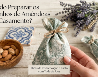 Saquinho de amêndoas em tecido Toile de Jouy verde com lavanda e azulejo português.
