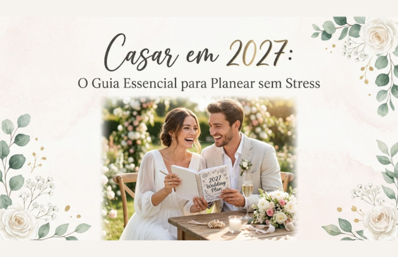 Um banner elegante com fundo floral em tons pastéis e a frase "Casar em 2027: O Guia Essencial para Planear sem Stress". No centro, uma fotografia de um casal de noivos sorridentes sentados à mesa, segurando um caderno de planeamento intitulado "2027 Wedding Plan".