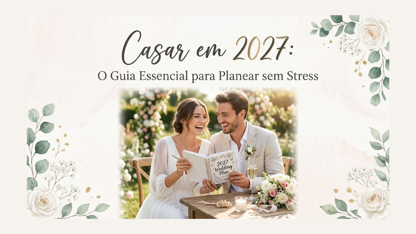 Um banner elegante com fundo floral em tons pastéis e a frase "Casar em 2027: O Guia Essencial para Planear sem Stress". No centro, uma fotografia de um casal de noivos sorridentes sentados à mesa, segurando um caderno de planeamento intitulado "2027 Wedding Plan".
