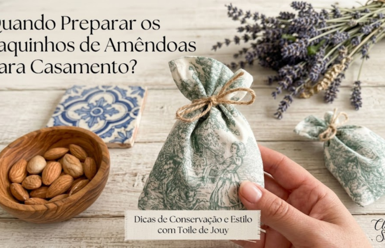 Saquinho de amêndoas em tecido Toile de Jouy verde com lavanda e azulejo português.