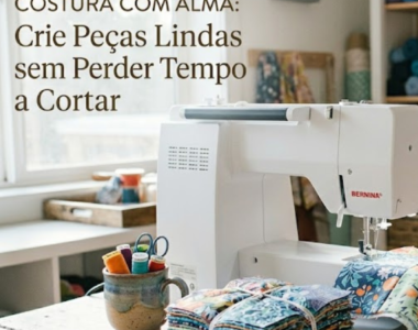 Uma imagem de estúdio de costura acolhedor e organizado, banhado por luz natural vinda de uma janela à esquerda. Em primeiro plano, uma mesa de madeira rústica apresenta uma máquina de costura branca Bernina, um monte de retalhos de tecido coloridos (15x15 cm) atados com um fio, um copo com carretéis de linha e tesouras, e uma chávena de chá ao lado de fita métrica. No fundo, prateleiras repletas de novelos de lã colorida e rolos de tecido criam um ambiente inspirador. O título "COSTURA COM ALMA: Crie Peças Lindas sem Perder Tempo a Cortar" está no canto superior esquerdo.