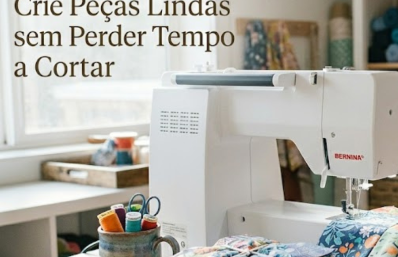 Uma imagem de estúdio de costura acolhedor e organizado, banhado por luz natural vinda de uma janela à esquerda. Em primeiro plano, uma mesa de madeira rústica apresenta uma máquina de costura branca Bernina, um monte de retalhos de tecido coloridos (15x15 cm) atados com um fio, um copo com carretéis de linha e tesouras, e uma chávena de chá ao lado de fita métrica. No fundo, prateleiras repletas de novelos de lã colorida e rolos de tecido criam um ambiente inspirador. O título "COSTURA COM ALMA: Crie Peças Lindas sem Perder Tempo a Cortar" está no canto superior esquerdo.