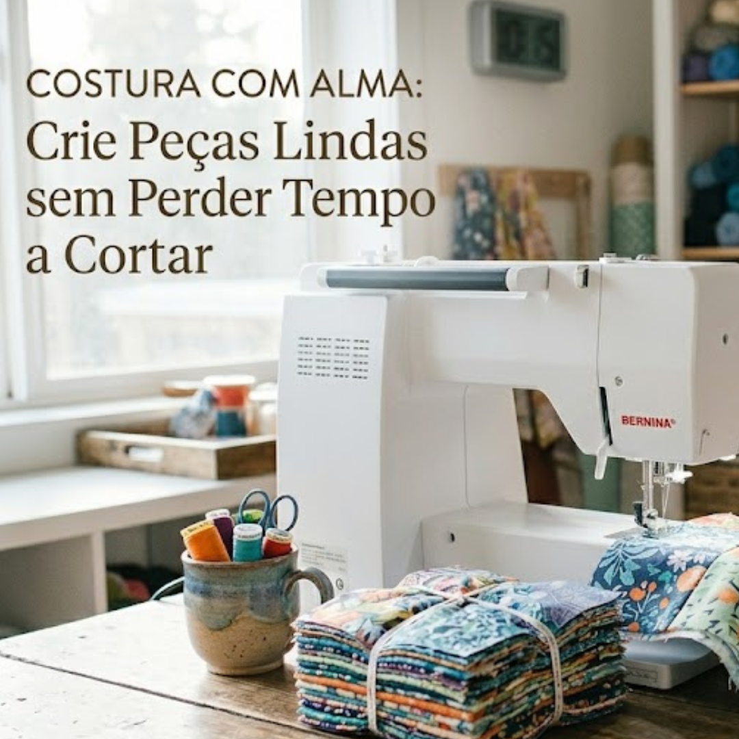 Uma imagem de estúdio de costura acolhedor e organizado, banhado por luz natural vinda de uma janela à esquerda. Em primeiro plano, uma mesa de madeira rústica apresenta uma máquina de costura branca Bernina, um monte de retalhos de tecido coloridos (15x15 cm) atados com um fio, um copo com carretéis de linha e tesouras, e uma chávena de chá ao lado de fita métrica. No fundo, prateleiras repletas de novelos de lã colorida e rolos de tecido criam um ambiente inspirador. O título "COSTURA COM ALMA: Crie Peças Lindas sem Perder Tempo a Cortar" está no canto superior esquerdo.