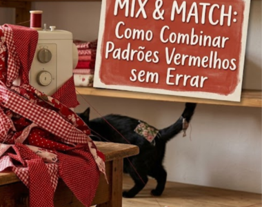 Uma imagem de estúdio de costura acolhedor e organizado, banhado por luz natural. Em primeiro plano, uma mesa de madeira rústica apresenta uma máquina de costura branca Bernina e um pack coordenado de 50 retalhos de tecido (15x15 cm) atado com fio. Os tecidos são predominantemente vermelhos, mostrando um mix de florais grandes, xadrezes médios e poás pequenos. Um copo com tesouras e linhas, e uma chávena de chá ao lado de fita métrica completam a cena. O título "MIX & MATCH: Como Combinar Padrões Vermelhos sem Errar" está no canto superior esquerdo.