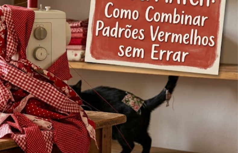 Uma imagem de estúdio de costura acolhedor e organizado, banhado por luz natural. Em primeiro plano, uma mesa de madeira rústica apresenta uma máquina de costura branca Bernina e um pack coordenado de 50 retalhos de tecido (15x15 cm) atado com fio. Os tecidos são predominantemente vermelhos, mostrando um mix de florais grandes, xadrezes médios e poás pequenos. Um copo com tesouras e linhas, e uma chávena de chá ao lado de fita métrica completam a cena. O título "MIX & MATCH: Como Combinar Padrões Vermelhos sem Errar" está no canto superior esquerdo.