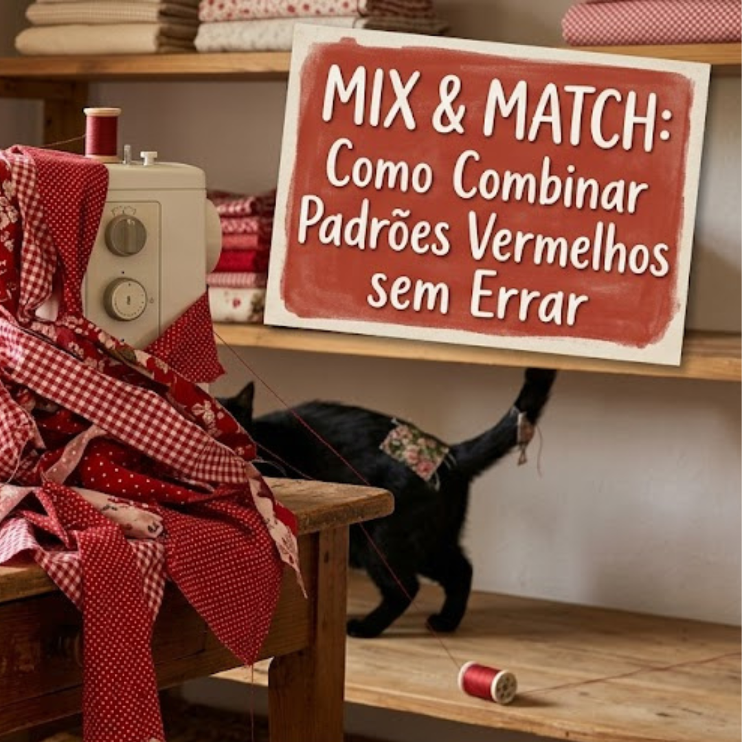 Uma imagem de estúdio de costura acolhedor e organizado, banhado por luz natural. Em primeiro plano, uma mesa de madeira rústica apresenta uma máquina de costura branca Bernina e um pack coordenado de 50 retalhos de tecido (15x15 cm) atado com fio. Os tecidos são predominantemente vermelhos, mostrando um mix de florais grandes, xadrezes médios e poás pequenos. Um copo com tesouras e linhas, e uma chávena de chá ao lado de fita métrica completam a cena. O título "MIX & MATCH: Como Combinar Padrões Vermelhos sem Errar" está no canto superior esquerdo.