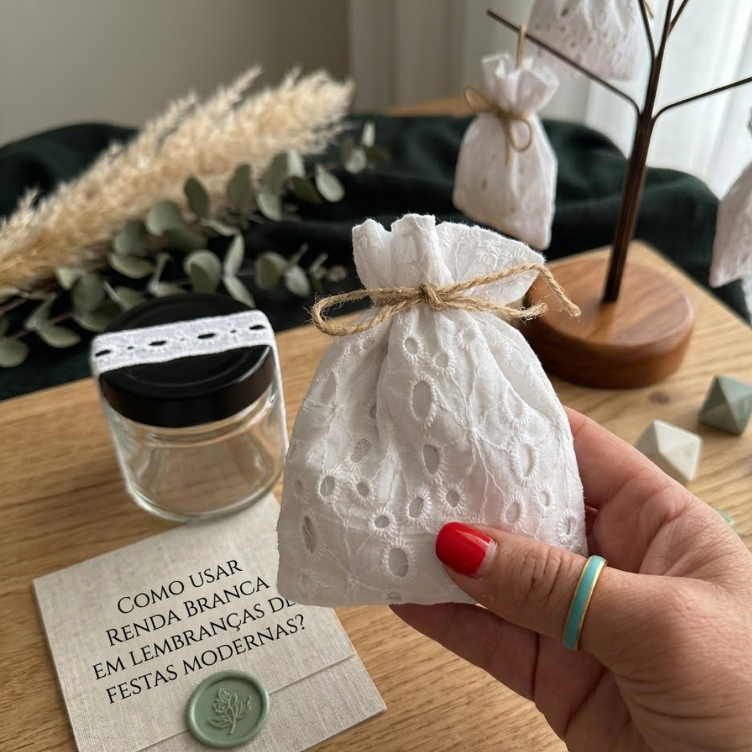 Uma mão feminina com unhas vermelhas e um anel turquesa segura uma pequena bolsa de renda branca amarrada com barbante de juta. No fundo, há um frasco de vidro com tampa preta, um cartão com texto e um selo de cera verde e outras bolsas penduradas em um suporte de madeira. A cena é em uma mesa de madeira com pampas secos.