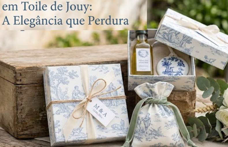 Uma composição elegante de lembranças de casamento sobre uma mesa de madeira rústica, apresentando caixas de presente e saquinhos de tecido com o padrão clássico Toile de Jouy em azul e branco, decorados com laços de fita e flores brancas.