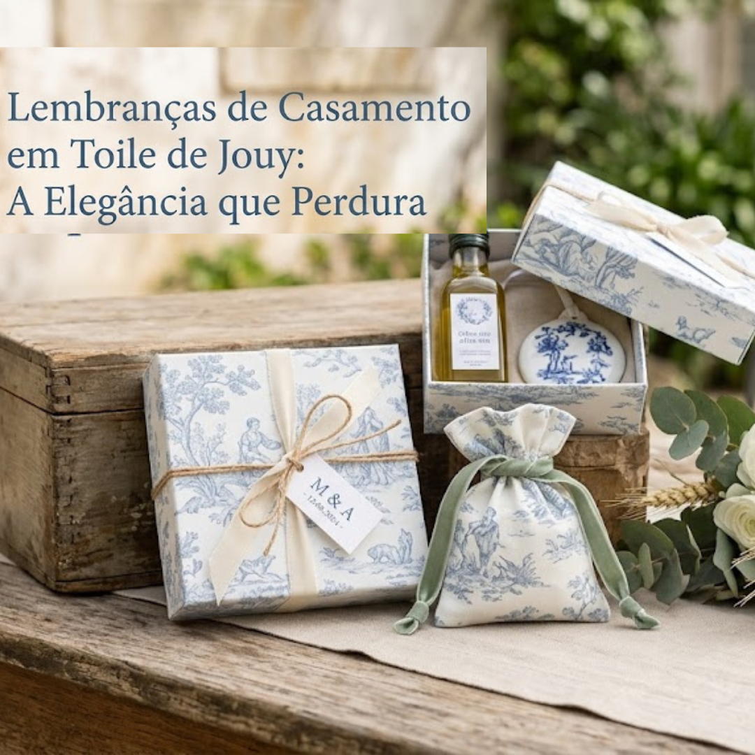 Uma composição elegante de lembranças de casamento sobre uma mesa de madeira rústica, apresentando caixas de presente e saquinhos de tecido com o padrão clássico Toile de Jouy em azul e branco, decorados com laços de fita e flores brancas.