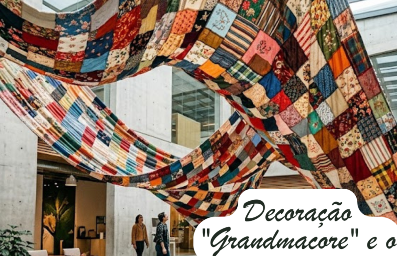 Uma fotografia de um átrio moderno e amplo, com paredes de betão, onde se destacam grandes colchas de patchwork coloridas suspensas no teto, criando formas onduladas. Ao fundo, duas pessoas caminham pelo espaço, e em primeiro plano vê-se uma mesa de centro de madeira com flores. No canto inferior direito, um grafismo branco contém o texto: "Decoração 'Grandmacore' e o Regresso do Patchwork".