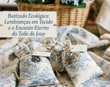 Lembranças de batizado ecológicas em tecido Toile de Jouy azul e branco, incluindo saquinhos de alfazema e guardanapos artesanais sobre uma mesa de madeira decorada com flores.