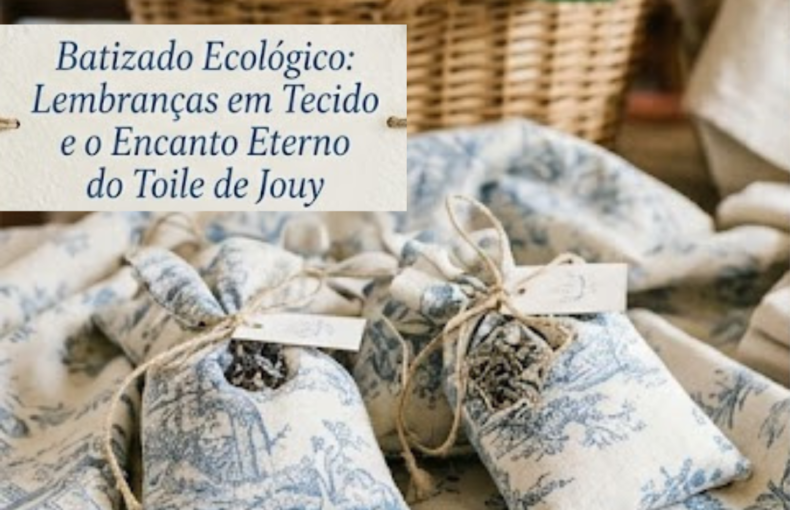 Lembranças de batizado ecológicas em tecido Toile de Jouy azul e branco, incluindo saquinhos de alfazema e guardanapos artesanais sobre uma mesa de madeira decorada com flores.