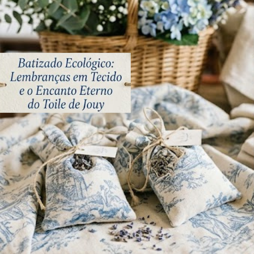 Lembranças de batizado ecológicas em tecido Toile de Jouy azul e branco, incluindo saquinhos de alfazema e guardanapos artesanais sobre uma mesa de madeira decorada com flores.