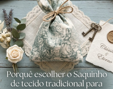 Uma foto em estilo flat lay com iluminação suave, tirada de cima. O centro da imagem mostra um saquinho de presente feito de tecido Toile de Jouy verde-acinzentado e branco, amarrado com um cordão de juta. O saquinho está sobre uma toalhinha de renda quadrada, em cima de uma mesa de madeira azul-clara desgastada. Ao lado esquerdo do saquinho, há um pequeno buquê de flores secas e preservadas, composto por uma rosa branca, raminhos de lavanda e eucalipto. À direita, há um cartão de papel artesanal com bordas irregulares, que contém um selo de cera dourado com um monograma (talvez 'HP') e a frase manuscrita "Clássico & Eterno". Próximo ao cartão, estão duas chaves vintage de latão. Ao fundo, fora de foco, vê-se uma bandeja de prata com castiçais e livros antigos.