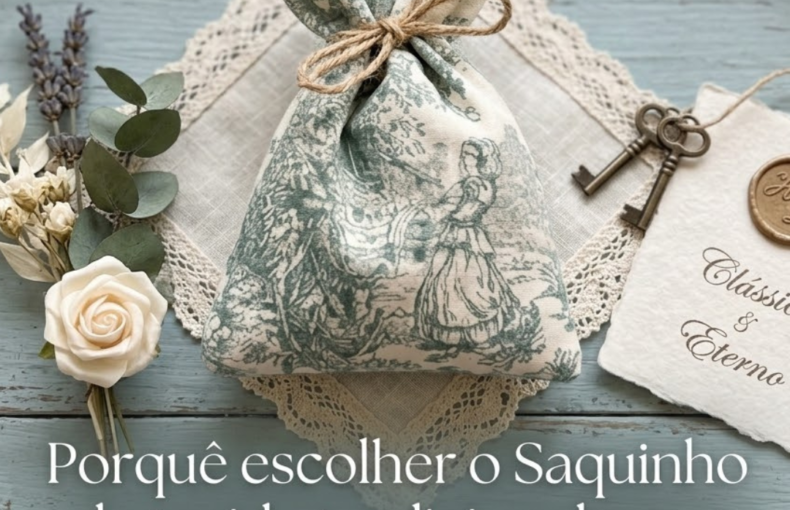 Uma foto em estilo flat lay com iluminação suave, tirada de cima. O centro da imagem mostra um saquinho de presente feito de tecido Toile de Jouy verde-acinzentado e branco, amarrado com um cordão de juta. O saquinho está sobre uma toalhinha de renda quadrada, em cima de uma mesa de madeira azul-clara desgastada. Ao lado esquerdo do saquinho, há um pequeno buquê de flores secas e preservadas, composto por uma rosa branca, raminhos de lavanda e eucalipto. À direita, há um cartão de papel artesanal com bordas irregulares, que contém um selo de cera dourado com um monograma (talvez 'HP') e a frase manuscrita "Clássico & Eterno". Próximo ao cartão, estão duas chaves vintage de latão. Ao fundo, fora de foco, vê-se uma bandeja de prata com castiçais e livros antigos.