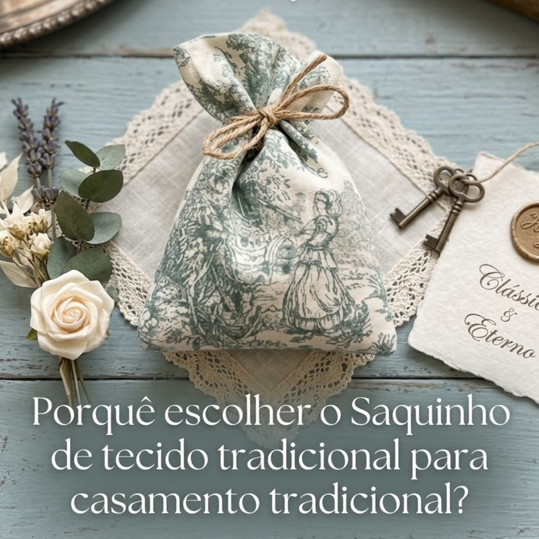 Uma foto em estilo flat lay com iluminação suave, tirada de cima. O centro da imagem mostra um saquinho de presente feito de tecido Toile de Jouy verde-acinzentado e branco, amarrado com um cordão de juta. O saquinho está sobre uma toalhinha de renda quadrada, em cima de uma mesa de madeira azul-clara desgastada. Ao lado esquerdo do saquinho, há um pequeno buquê de flores secas e preservadas, composto por uma rosa branca, raminhos de lavanda e eucalipto. À direita, há um cartão de papel artesanal com bordas irregulares, que contém um selo de cera dourado com um monograma (talvez 'HP') e a frase manuscrita "Clássico & Eterno". Próximo ao cartão, estão duas chaves vintage de latão. Ao fundo, fora de foco, vê-se uma bandeja de prata com castiçais e livros antigos.