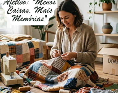 Uma mulher sentada no chão de uma sala iluminada, a costurar à mão uma colcha de retalhos colorida. À sua volta, encontram-se materiais de costura, uma máquina de costura vintage e uma caixa de cartão com a palavra "DOAR". O ambiente é acolhedor, com plantas e prateleiras de madeira ao fundo. No canto superior esquerdo, um balão de texto contém o título: "Minimalismo Afetivo: Menos Caixas, Mais Memórias".