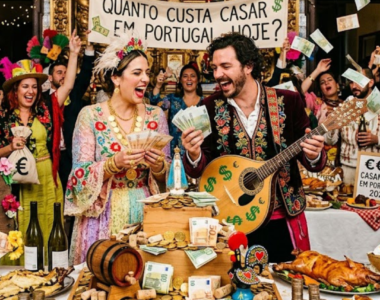 Texto alternativo Uma fotografia vibrante e satírica de um banquete de casamento exuberante em Portugal. No centro, um casal de noivos vestidos de forma excêntrica, com trajes folclóricos tradicionais portugueses coloridos e repletos de símbolos de euro (€), ri enquanto segura notas e moedas. Uma grande faixa no fundo e um cavalete de madeira à esquerda exibem a pergunta: "QUANTO CUSTA CASAR EM PORTUGAL HOJE?". Convidados animados, também com vestuário festivo e exagerado, celebram ao redor de uma mesa farta. Chovem notas de euro do teto, e sacos com o símbolo € estão espalhados, incluindo um "bolo de casamento" feito de pilhas de moedas e notas. Pratos tradicionais portugueses, como leitão assado e pastéis de nata, estão expostos. A cena decorre num interior histórico português, com as paredes cobertas de azulejos azuis e brancos e talha dourada, com um cartaz menor à direita que diz "€€€ CASAMENTO EM PORTUGAL 2024" e outro mais abaixo com "PREÇO DO SONHO?". A imagem capta uma atmosfera de festa caótica e alegria exagerada focada no dinheiro.