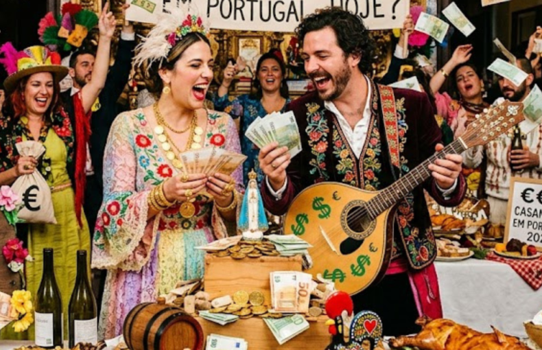 Texto alternativo Uma fotografia vibrante e satírica de um banquete de casamento exuberante em Portugal. No centro, um casal de noivos vestidos de forma excêntrica, com trajes folclóricos tradicionais portugueses coloridos e repletos de símbolos de euro (€), ri enquanto segura notas e moedas. Uma grande faixa no fundo e um cavalete de madeira à esquerda exibem a pergunta: "QUANTO CUSTA CASAR EM PORTUGAL HOJE?". Convidados animados, também com vestuário festivo e exagerado, celebram ao redor de uma mesa farta. Chovem notas de euro do teto, e sacos com o símbolo € estão espalhados, incluindo um "bolo de casamento" feito de pilhas de moedas e notas. Pratos tradicionais portugueses, como leitão assado e pastéis de nata, estão expostos. A cena decorre num interior histórico português, com as paredes cobertas de azulejos azuis e brancos e talha dourada, com um cartaz menor à direita que diz "€€€ CASAMENTO EM PORTUGAL 2024" e outro mais abaixo com "PREÇO DO SONHO?". A imagem capta uma atmosfera de festa caótica e alegria exagerada focada no dinheiro.