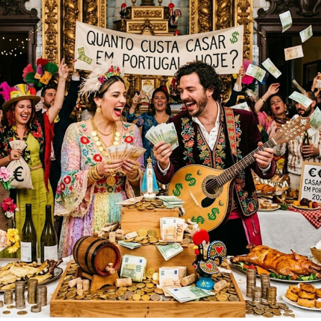 Texto alternativo Uma fotografia vibrante e satírica de um banquete de casamento exuberante em Portugal. No centro, um casal de noivos vestidos de forma excêntrica, com trajes folclóricos tradicionais portugueses coloridos e repletos de símbolos de euro (€), ri enquanto segura notas e moedas. Uma grande faixa no fundo e um cavalete de madeira à esquerda exibem a pergunta: "QUANTO CUSTA CASAR EM PORTUGAL HOJE?". Convidados animados, também com vestuário festivo e exagerado, celebram ao redor de uma mesa farta. Chovem notas de euro do teto, e sacos com o símbolo € estão espalhados, incluindo um "bolo de casamento" feito de pilhas de moedas e notas. Pratos tradicionais portugueses, como leitão assado e pastéis de nata, estão expostos. A cena decorre num interior histórico português, com as paredes cobertas de azulejos azuis e brancos e talha dourada, com um cartaz menor à direita que diz "€€€ CASAMENTO EM PORTUGAL 2024" e outro mais abaixo com "PREÇO DO SONHO?". A imagem capta uma atmosfera de festa caótica e alegria exagerada focada no dinheiro.