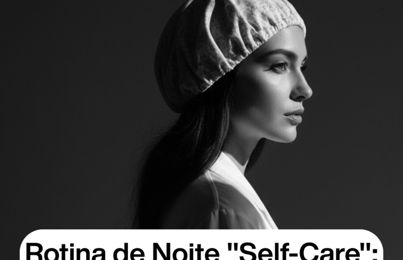 Fotografia a preto e branco de perfil de uma mulher a usar uma touca de cetim, com iluminação suave. Na parte inferior, uma caixa de texto branca diz: "Rotina de Noite Self-Care: Transforme o seu descanso num ritual de beleza".