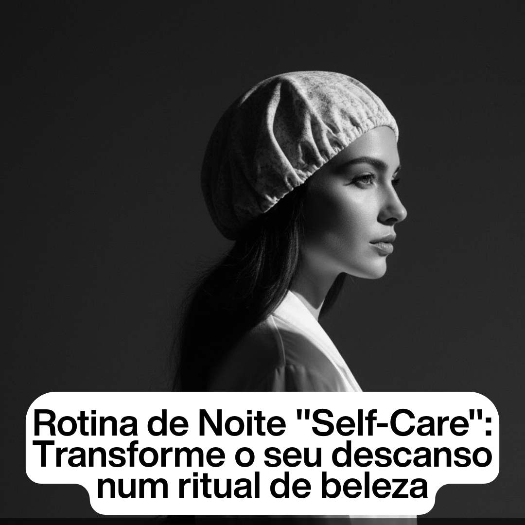 Fotografia a preto e branco de perfil de uma mulher a usar uma touca de cetim, com iluminação suave. Na parte inferior, uma caixa de texto branca diz: "Rotina de Noite Self-Care: Transforme o seu descanso num ritual de beleza".