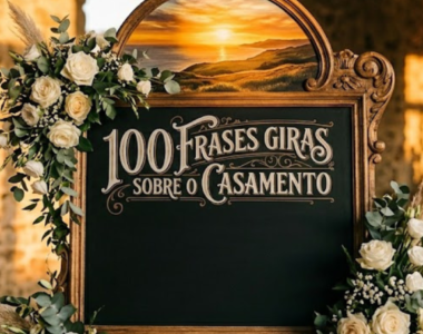 Um cavalete de madeira ornamentado com o título "100 Frases Giras Sobre o Casamento" escrito em caligrafia elegante. No topo da moldura, destaca-se uma pintura de um pôr do sol dourado sobre o mar. O quadro está decorado com rosas brancas e folhagem de eucalipto num ambiente de festa rústico.