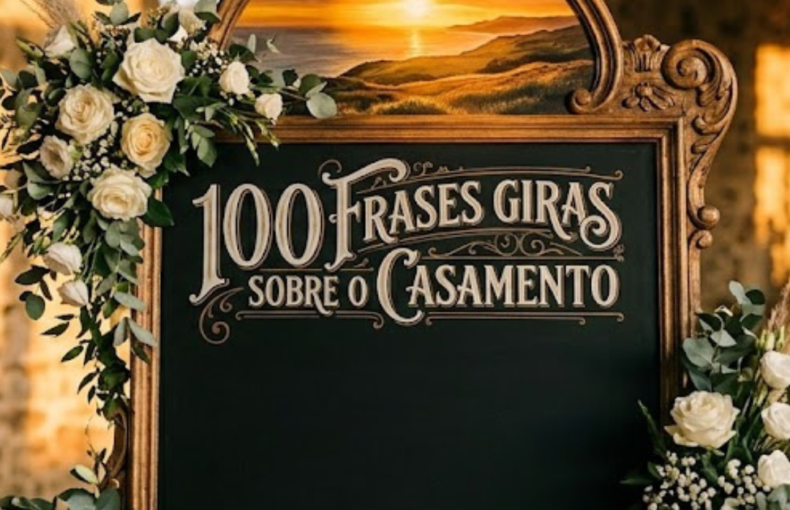 Um cavalete de madeira ornamentado com o título "100 Frases Giras Sobre o Casamento" escrito em caligrafia elegante. No topo da moldura, destaca-se uma pintura de um pôr do sol dourado sobre o mar. O quadro está decorado com rosas brancas e folhagem de eucalipto num ambiente de festa rústico.