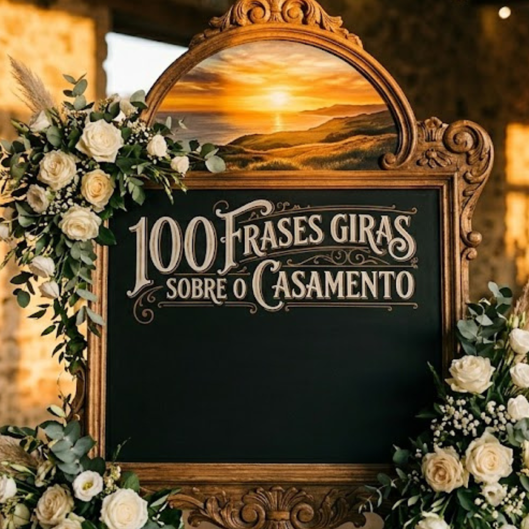 Um cavalete de madeira ornamentado com o título "100 Frases Giras Sobre o Casamento" escrito em caligrafia elegante. No topo da moldura, destaca-se uma pintura de um pôr do sol dourado sobre o mar. O quadro está decorado com rosas brancas e folhagem de eucalipto num ambiente de festa rústico.