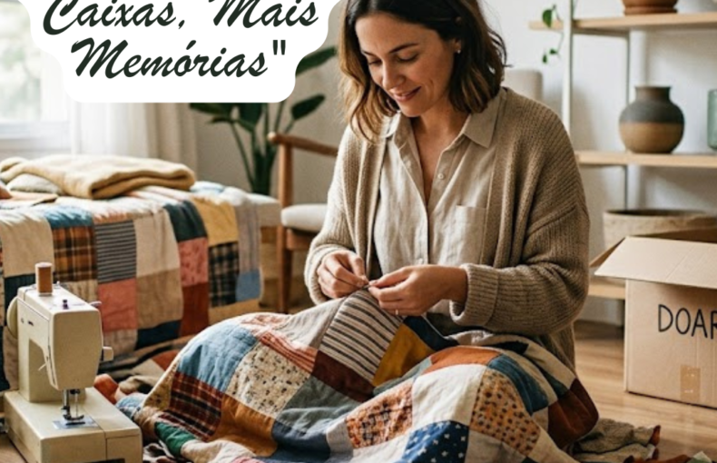 Uma mulher sentada no chão de uma sala iluminada, a costurar à mão uma colcha de retalhos colorida. À sua volta, encontram-se materiais de costura, uma máquina de costura vintage e uma caixa de cartão com a palavra "DOAR". O ambiente é acolhedor, com plantas e prateleiras de madeira ao fundo. No canto superior esquerdo, um balão de texto contém o título: "Minimalismo Afetivo: Menos Caixas, Mais Memórias".