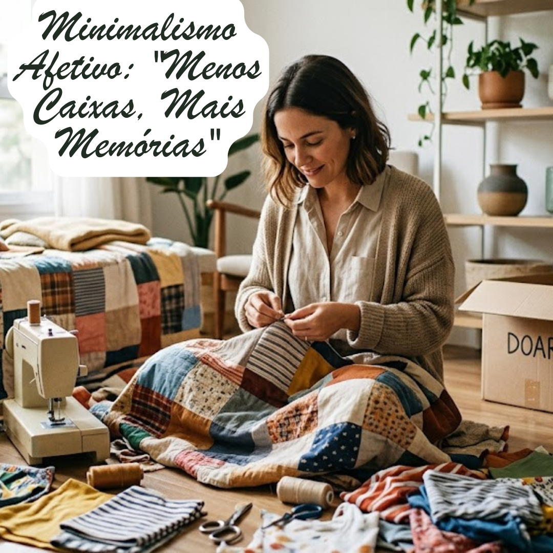 Uma mulher sentada no chão de uma sala iluminada, a costurar à mão uma colcha de retalhos colorida. À sua volta, encontram-se materiais de costura, uma máquina de costura vintage e uma caixa de cartão com a palavra "DOAR". O ambiente é acolhedor, com plantas e prateleiras de madeira ao fundo. No canto superior esquerdo, um balão de texto contém o título: "Minimalismo Afetivo: Menos Caixas, Mais Memórias".
