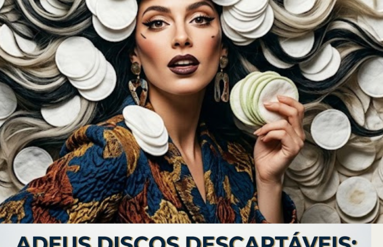 Mulher demonstra como poupar na rotina de beleza ao trocar discos descartáveis por discos e toalhitas reutilizáveis. O banner inclui o texto: "Adeus discos descartáveis: como poupar mais de 50€ por ano na rotina de beleza".
