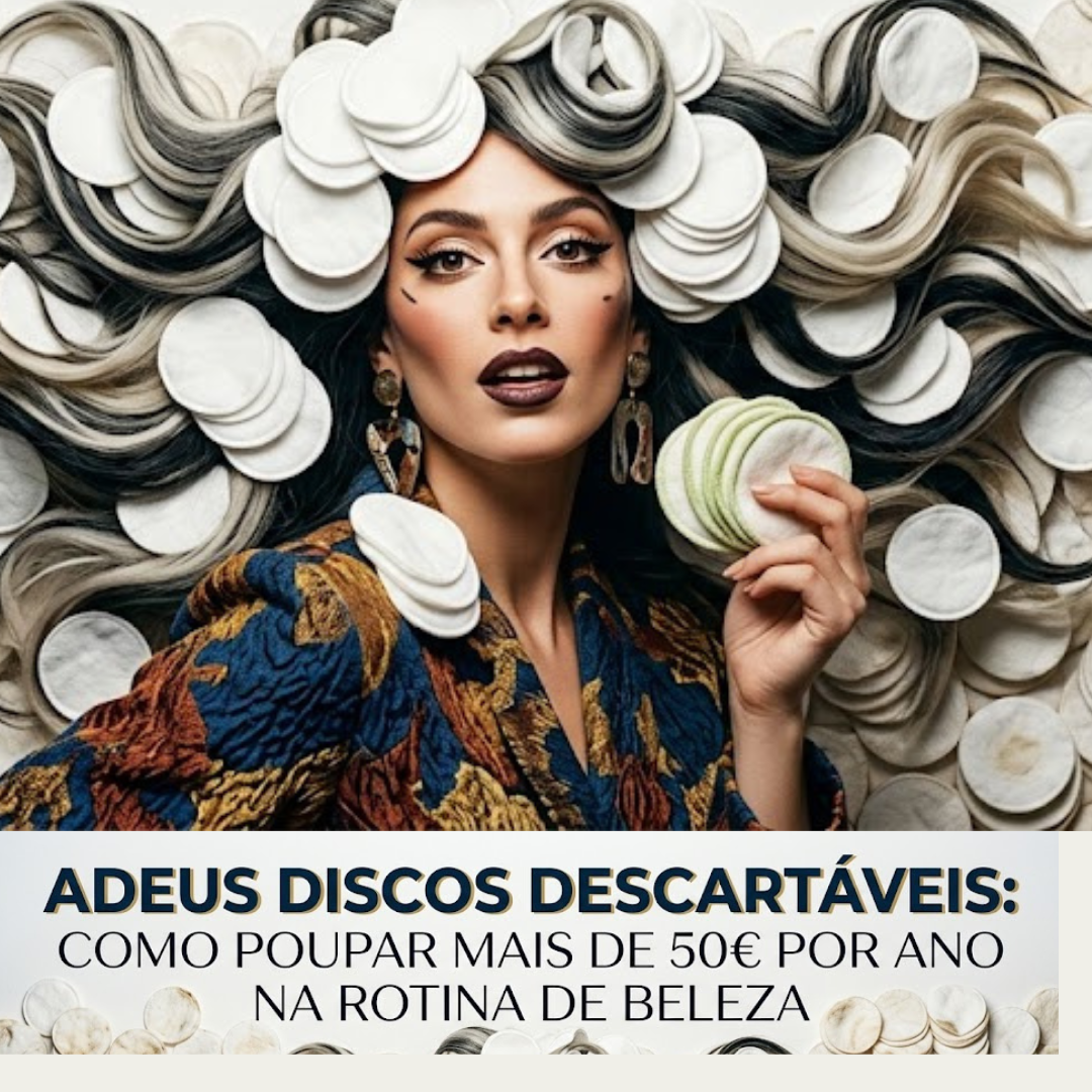 Mulher demonstra como poupar na rotina de beleza ao trocar discos descartáveis por discos e toalhitas reutilizáveis. O banner inclui o texto: "Adeus discos descartáveis: como poupar mais de 50€ por ano na rotina de beleza".