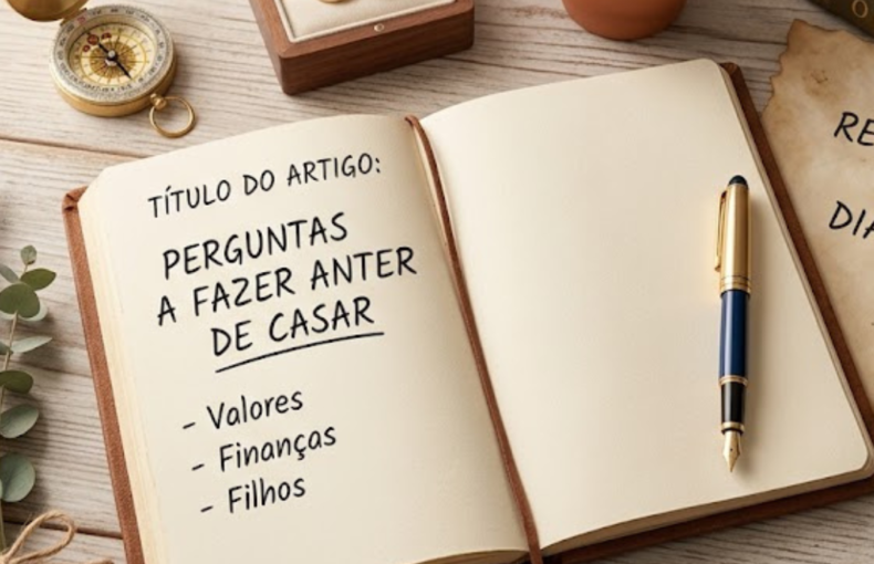 Livro aberto numa mesa de madeira com o título "Perguntas a fazer antes de casar", acompanhado por alianças de casamento, uma bússola e lavanda.