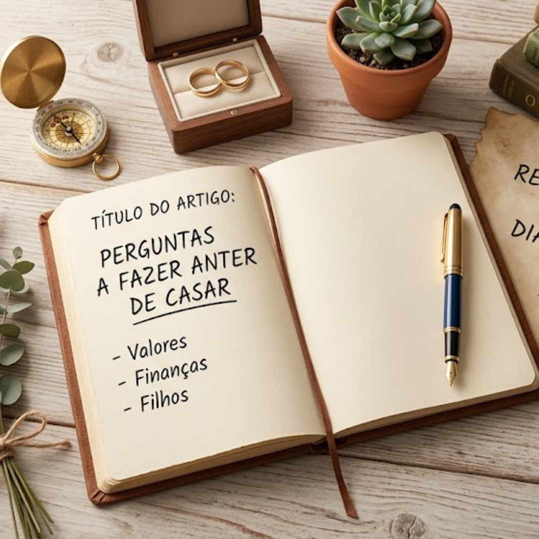 Livro aberto numa mesa de madeira com o título "Perguntas a fazer antes de casar", acompanhado por alianças de casamento, uma bússola e lavanda.