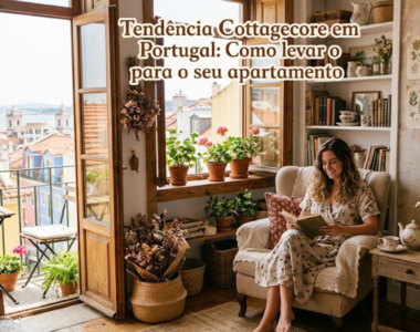Para otimizar esta imagem para SEO, com foco no mercado português e na estética apresentada, aqui estão as sugestões: Texto Alternativo (Alt Text) Mulher a ler um livro numa poltrona junto a uma janela aberta com vista para Lisboa, num apartamento decorado com estilo Cottagecore, repleto de plantas, flores secas e estantes de livros.