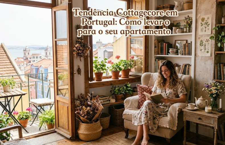 Para otimizar esta imagem para SEO, com foco no mercado português e na estética apresentada, aqui estão as sugestões: Texto Alternativo (Alt Text) Mulher a ler um livro numa poltrona junto a uma janela aberta com vista para Lisboa, num apartamento decorado com estilo Cottagecore, repleto de plantas, flores secas e estantes de livros.