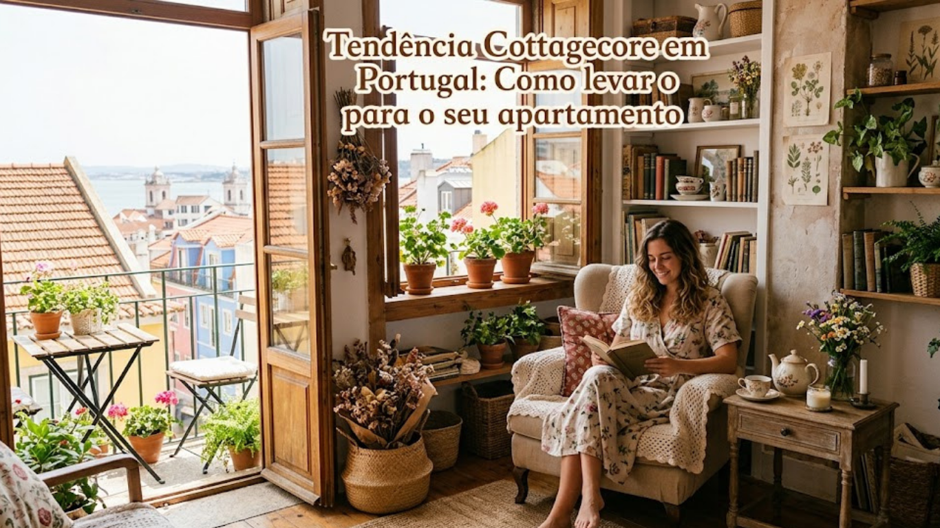 Para otimizar esta imagem para SEO, com foco no mercado português e na estética apresentada, aqui estão as sugestões: Texto Alternativo (Alt Text) Mulher a ler um livro numa poltrona junto a uma janela aberta com vista para Lisboa, num apartamento decorado com estilo Cottagecore, repleto de plantas, flores secas e estantes de livros.
